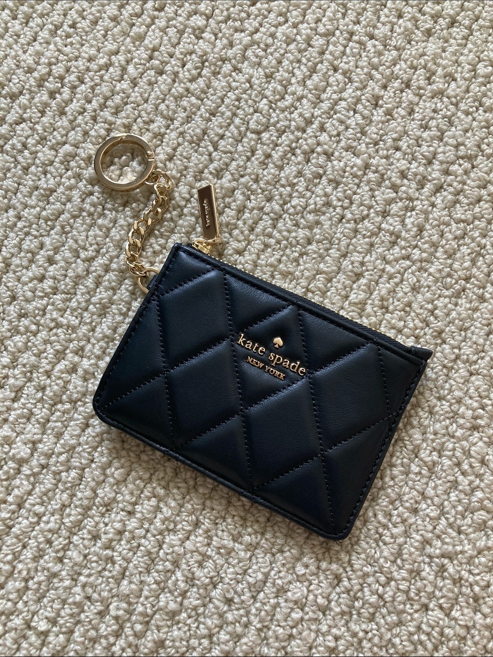 NEW Kate Spade Black Smooth Quilted Leather Card Holder Keychain Gold Hardware